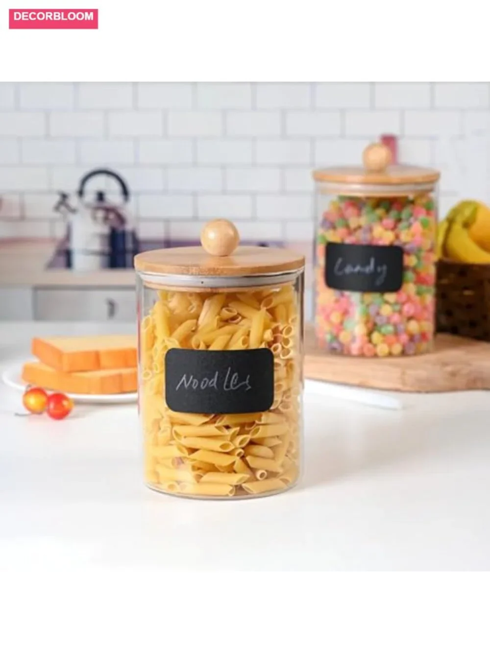 Set of 2 Glass Canisters with Airtight Bamboo Lids, Marker & Labels - 68oz
